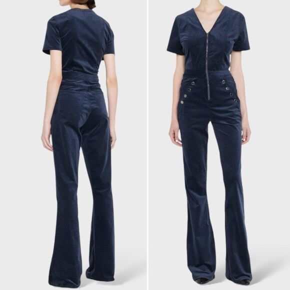 Ramy Brook Velveteen Helena Flared Fitted Jumpsuit in Navy Blue Size 27 | 4 - Picture 1 of 16